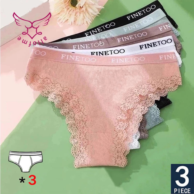 All of me Set 3 quần lót lọt khe bằng cotton phối ren size lớn M-2Xl gợi cảm cho nữ