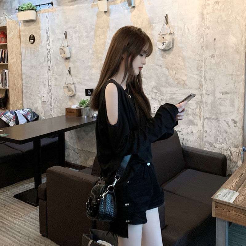 Jiashucheng Áo Thun Mỏng Tay Dài Dáng Rộng Hở Vai Phong Cách Hàn Quốc Thời Trang Xuân Thu Cho Nữ 100kg 300