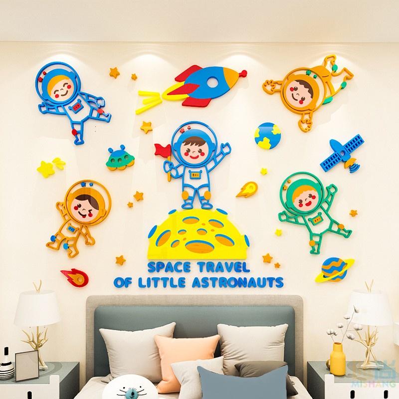 Tranh mica dán tường các em bé phi hành gia du hành không gian hành tinh trang trí phòng cho bé, mẫu giáo nhà trẻ