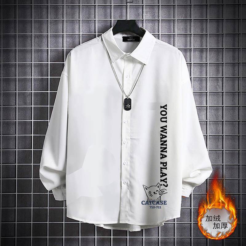 Hàng Có Sẵn Áo Sơ Mi Tay Dài In Hình Mèo Phối Nhung Dày Dặn Ấm Áp Thời Trang Thu Đông Phong Cách Nhật Bản Cho Nam