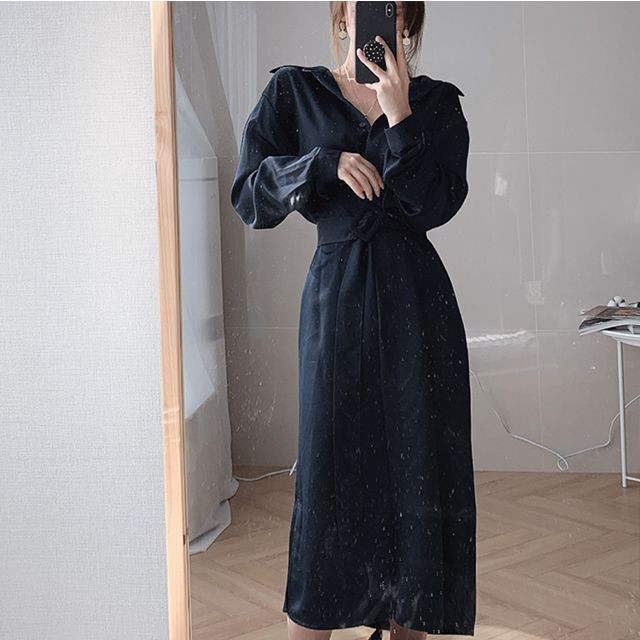 [ORDER] Váy chic dáng dài sơ mi kèm thắt lưng hai màu trắng đen ulzzang