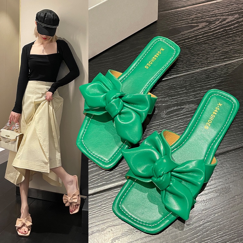 IELGY Dép nữ đi biển  đế bằng đính nơ thời trang mùa hè