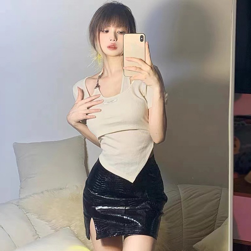 Áo Thun Tay Ngắn Dáng Ôm Màu Sắc Tương Phản Phong Cách Cổ Điển Thời Trang Cho Nữ
