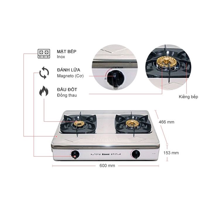 Bếp gas đôi Rinnai RV-365N Mặt inox không gỉ, Bảo hành chính hãng 2 năm
