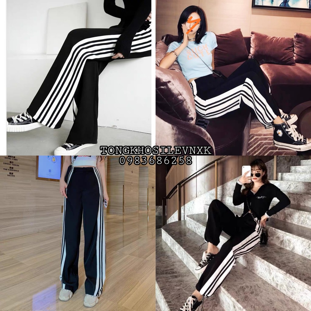 QUẦN JOGGER ĐEN ỐNG SUÔNG 4 SỌC VIỀN TRẮNG MẶC 2 KIỂU CHẤT THUN ULZZANG