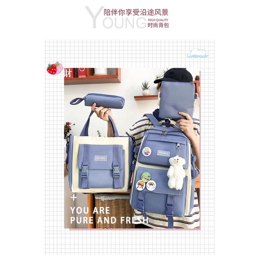 Set 4 món ba lô + túi đi học  canvas đựng sách và laptop thời trang cho các cô gái tuổi teen