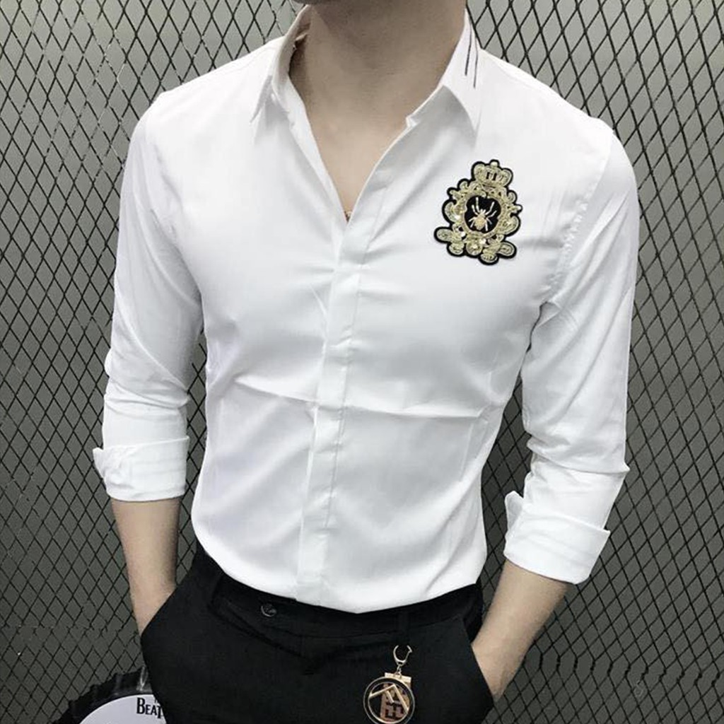 [ Sơ mi Hoạ Tiết Rẻ Nhất ] Sơ Mi Nam Phối Họa Tiết Thêu Nhện Vàng cao cấp Vải Lụa Chống Nhăn Không Xù | BigBuy360 - bigbuy360.vn