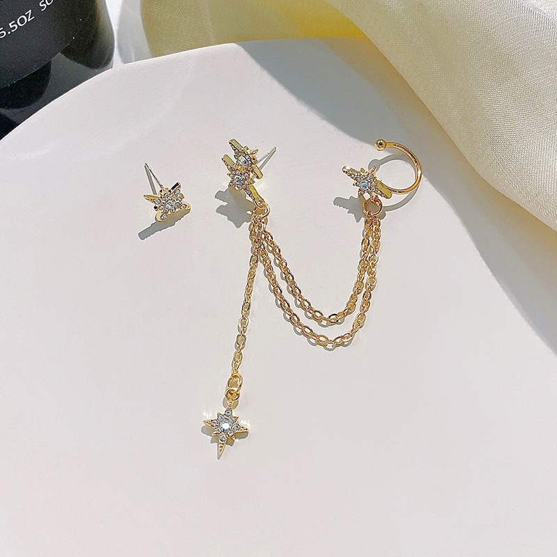 Khuyên Tai Chuỗi Xích Kẹp Vành Tai Không Đối Xứng Mạ Bạc 925 Hình Lục Giác Cho Bạn Gái