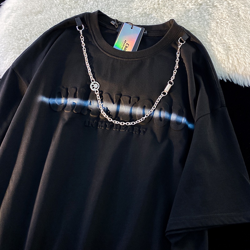 New style chain short-sleeved t-shirt women's embossed print loose top