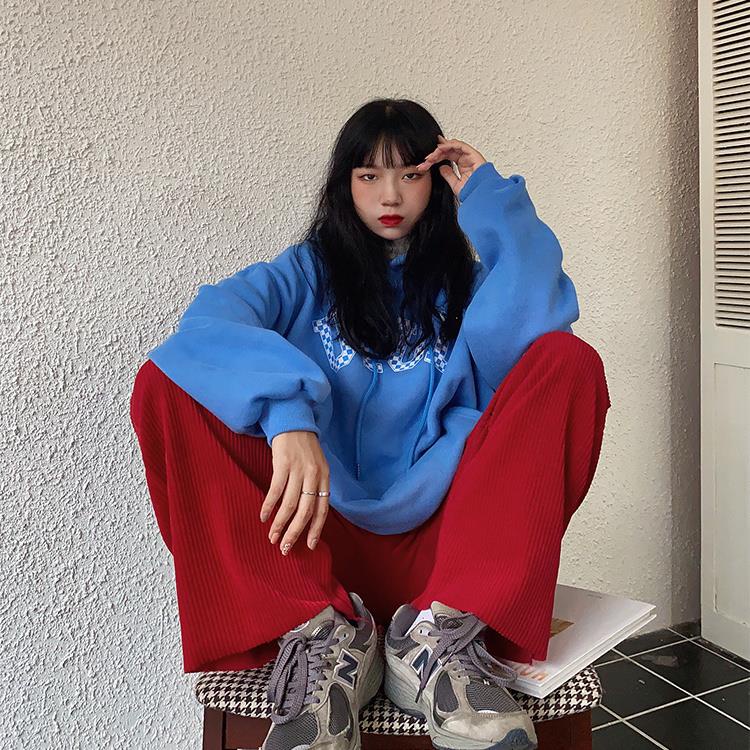 ∏✟✼Quần Dài Ống Rộng Lưng Cao Chất Liệu Vải Nhung Kẻ Màu Đỏ Thời Trang Phong Cách Hàn Quốc Cho Nữ | BigBuy360 - bigbuy360.vn