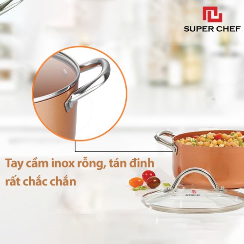 Nồi Canh Chống Dính Super Chef Cho Bếp Từ, Mọi Loại Bếp Kèm Nắp Kính Tiện Lợi