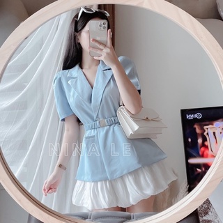 Sét 3 món áo vest xanh kèm đai mix quần sooc bom giả váy cực sịn. Áo vest mặc rời đi làm lịch sự, đi chơi, đi du lịch