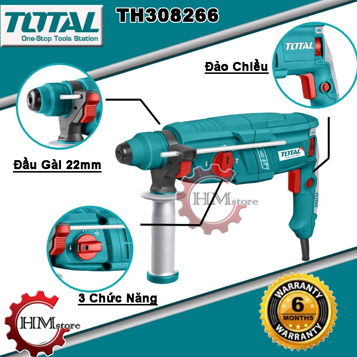 [Chính hãng] Máy khoan búa cầm tay TOTAL TH308266 - Máy khoan 3 chức năng mũi gài 22mm