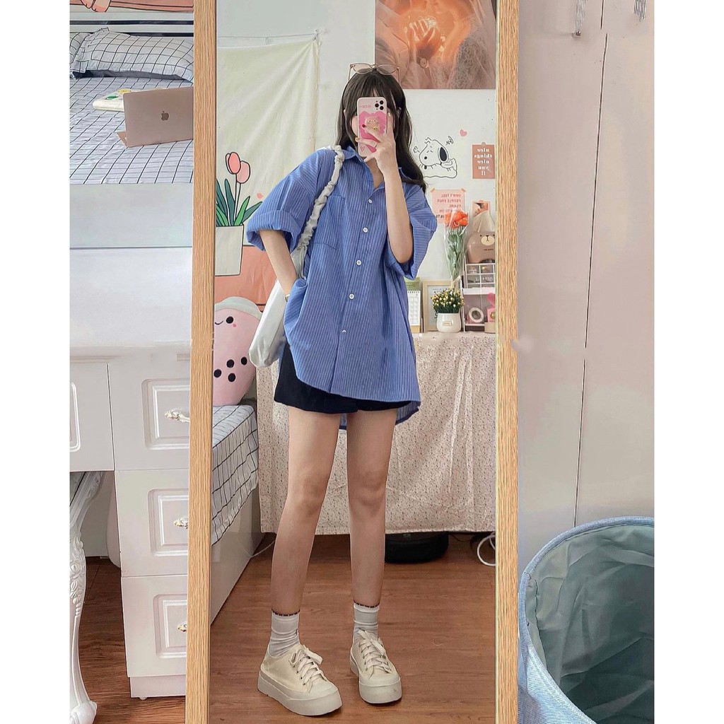 Áo sơ mi tay lỡ kẻ sọc chất thô mềm, áo sơ mi kiểu dáng oversize Hàn Quốc - Xưởng May Hạnh Hồng | BigBuy360 - bigbuy360.vn