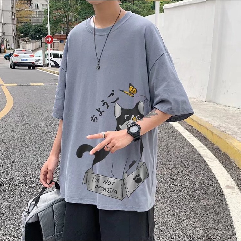 Áo Thun Nam Tay Ngắn Dáng Rộng In Hình Mèo Hoạt Hình Phong Cách Hip Hop Thời Trang Mùa Hè Mới size M-8XL