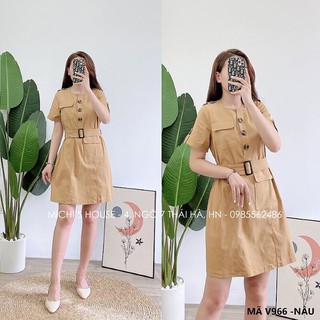 Váy suông kaki túi hộp kèm đai, đầm xuông rộng freesize mã V966 - Michi's House