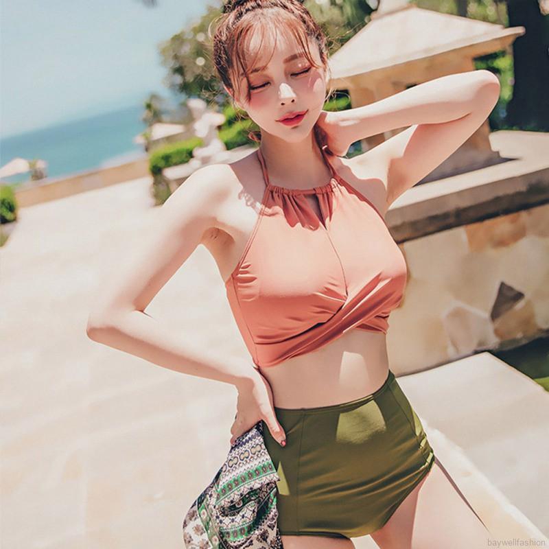 [Baywellfashion]Women Sexy Sweet Solid Color Simple High Waist Halter Cross Strap Bandage Split Bikini Set Swimsuit | BigBuy360 - bigbuy360.vn