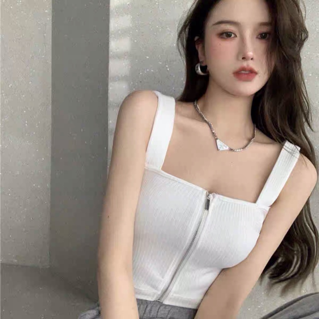 Áo croptop hai dây Forgirl thun gân phối khoá quyến rũ