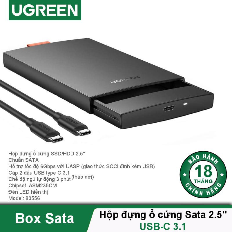 Box đựng ổ cứng 2.5 USB Type-C 3.1 Gen 2 Ugreen 80556 hỗ trợ SSD/HDD lên đến 10TB