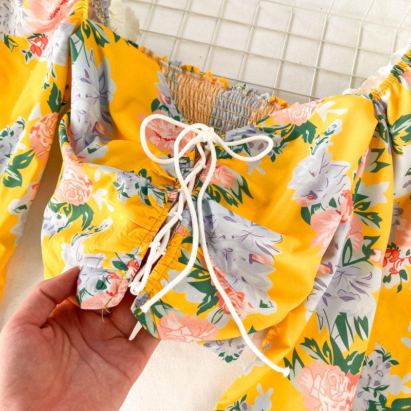 Áo Sơ Mi Lửng Tay Dài Rút Dây In Hoa Gợi Cảm Phong Cách Hàn Quốc Thời Trang Cho Phụ Nữ