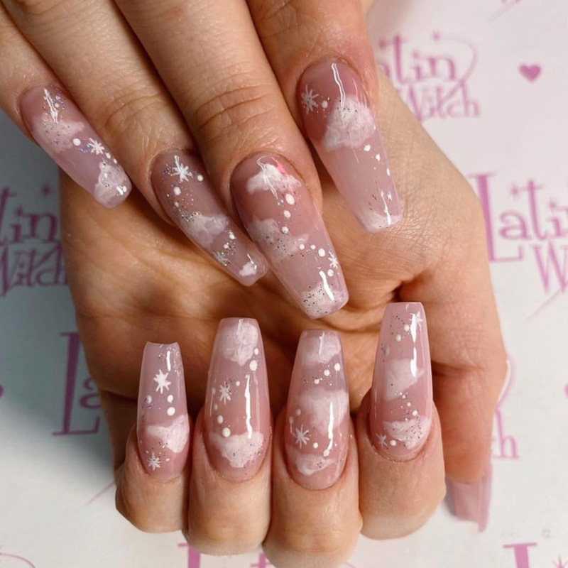 Set 24 móng tay giả dáng dài màu hồng nude hình đám mây