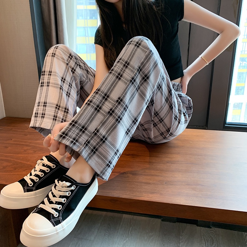 Quần dài SUXI lưng cao thiết kế dáng rộng thoải mái hoạ tiết kẻ sọc