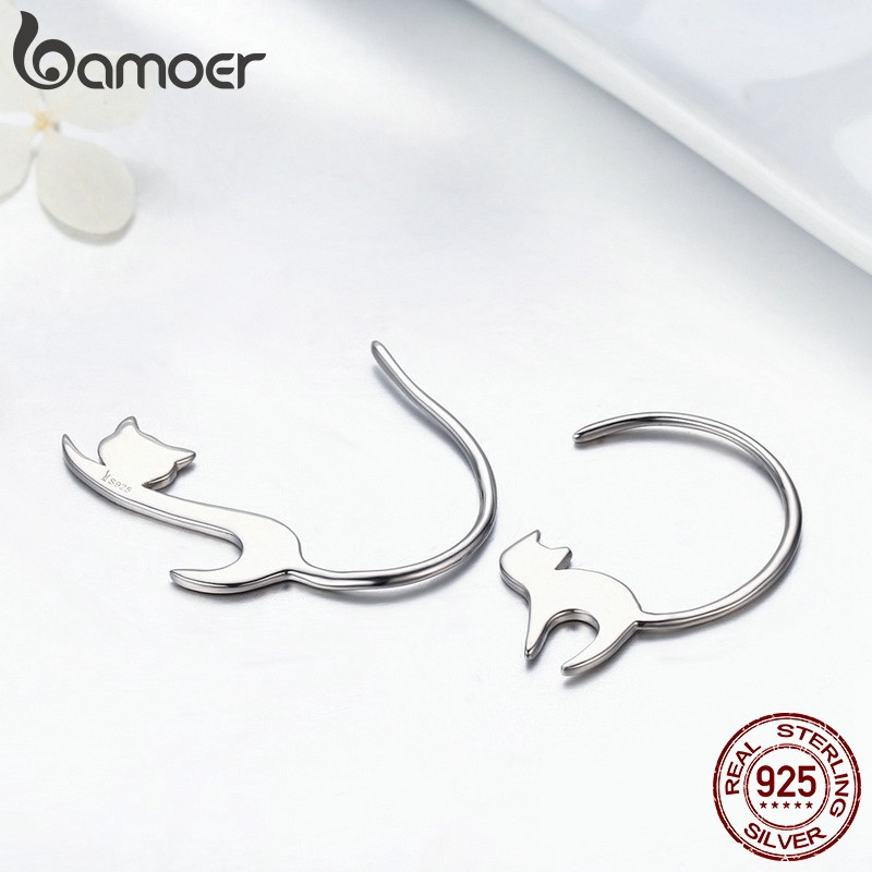 Đôi Bông Tai Bamoer Bằng Bạc S925 bạch Kim Hình Mèo Xinh Xắn Cho Nữ