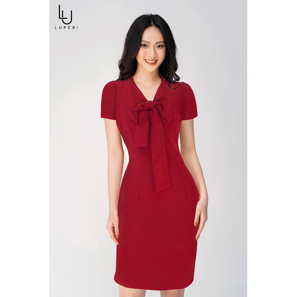 Đầm Thiết Kế Công Sở Phối Nơ Luperi LFV381 dáng ôm A nhẹ nữ tính cho nàng mặc đi làm đi chơi dạo phố dự tiệc
