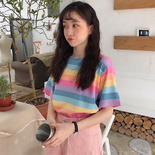 Áo thun tay ngắn kẻ sọc ngang trẻ trung hợp thời trang cho bạn gái