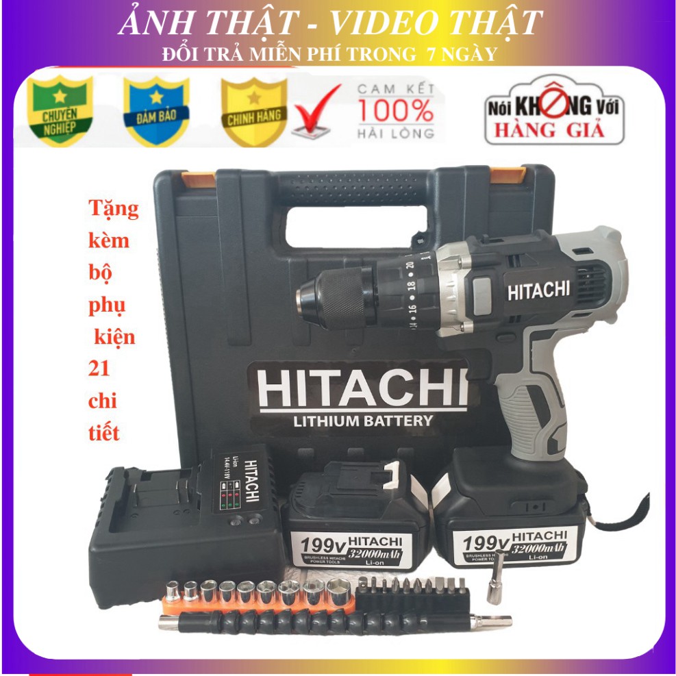 [Cao Cấp] áy khoan pin 118V Hitachi 3 chức năng có búa - Động cơ 775 siêu mạnh mẽ, Tặng 21 chi tiết ...