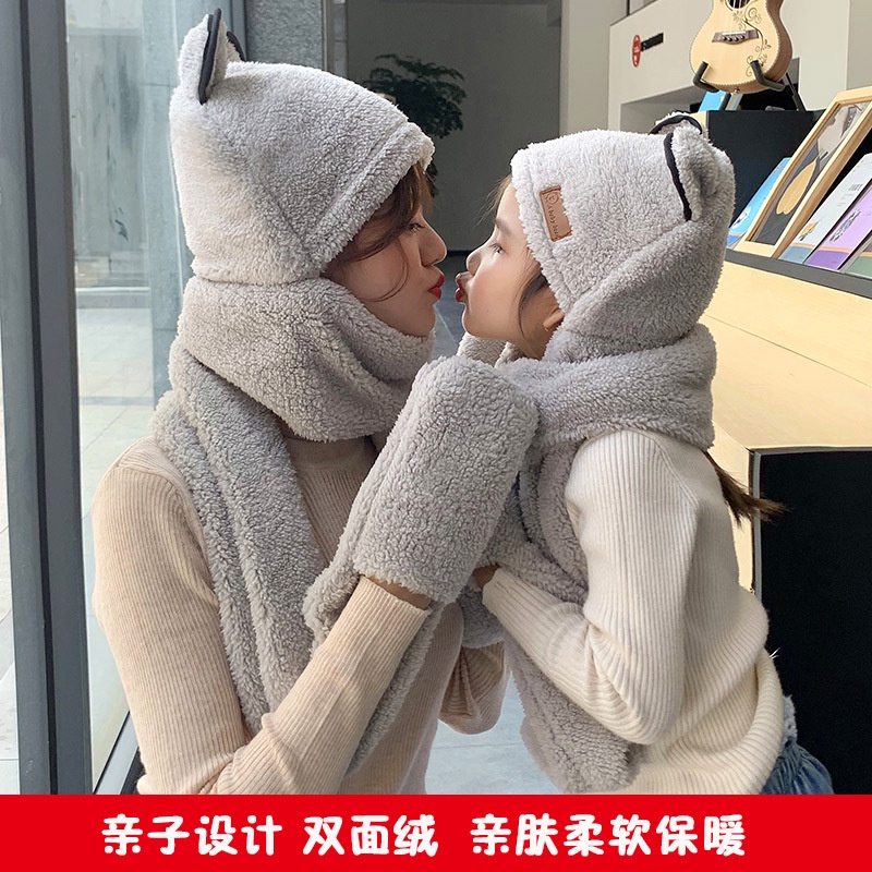PVN35530 Mũ lông cừu 3in1 tai gấu kèm khăn quàng cổ và bao tay kiểu dáng hàng quốc, mũ len tai gấu cho bạn gái T2