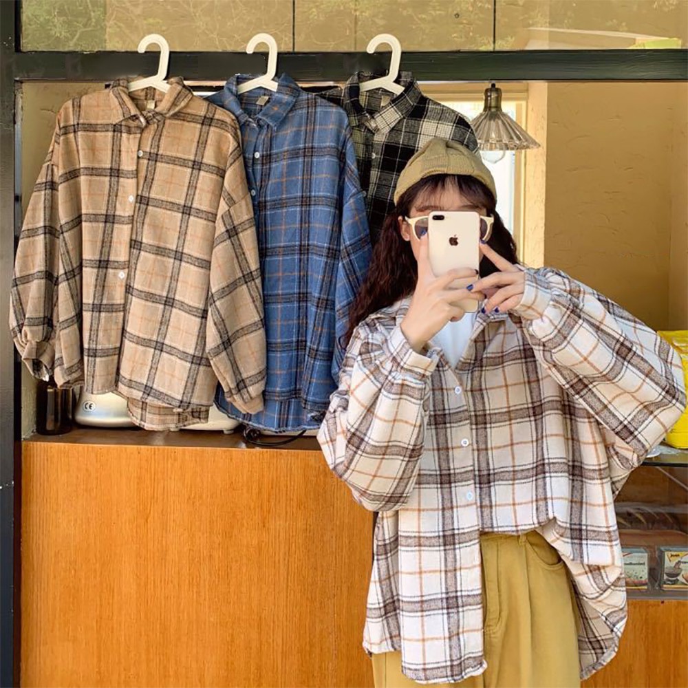 Áo sơ mi tay dài phối nút hoạ tiết ca rô phong cách hàn quốc có size 5xl