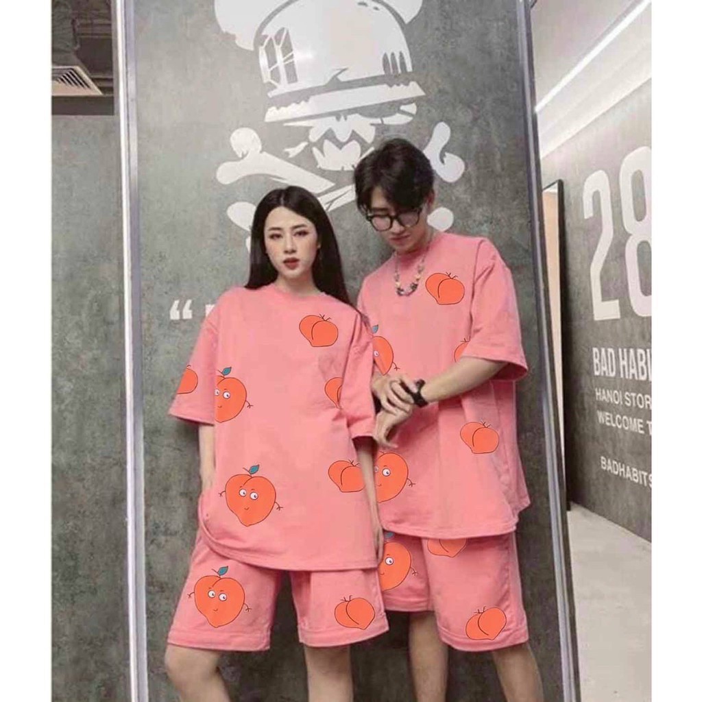 Set Bộ Thể Thao Loang Màu HOA QUẢ BƠ DÂU Unisex in Chữ A Tay Lỡ Form Rộng Nam Nữ Đều Mặc Được Ulzzang