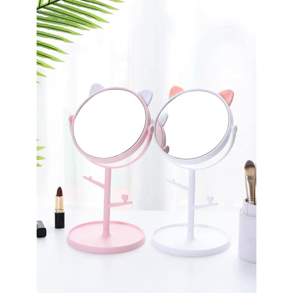 Gương trang điểm để bàn tai mèo dễ thương để bàn Gương trang điểm 2 mặt tai gấu mèo sẵn 2 màu trắng hồng