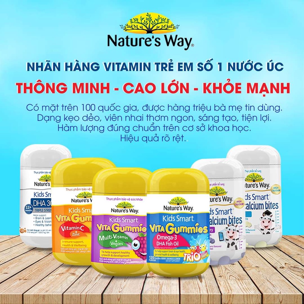 Kẹo dẻo Nature's Way Kids Smart Vita Gummies Omega-3 DHA Fish Oil tăng cường  trí thông minh 60 viên Extaste