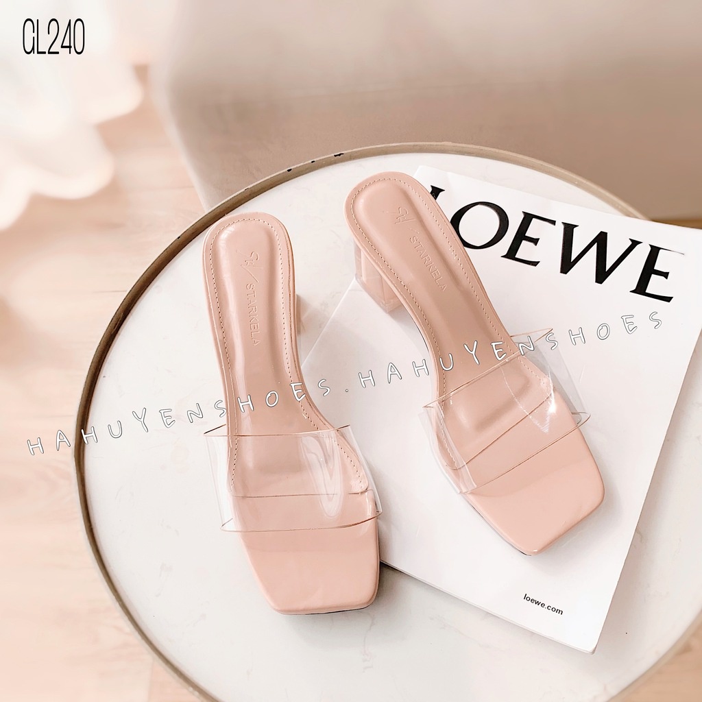 Guốc lê HHS quai trong viền gót vuông trong đục 6 phân Hà Huyền Shoes - GL240