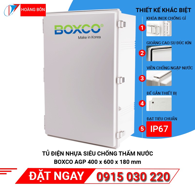 Tủ điện nhựa siêu chống nước Boxco BC-AGP-406018, 400x600x185 mm