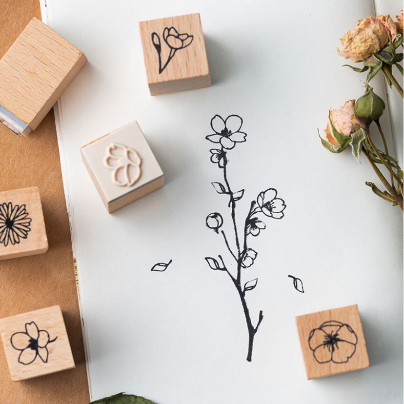 Bộ 20 con dấu gỗ Flower wooden stamp trang trí sổ tay vintage style | BDD027