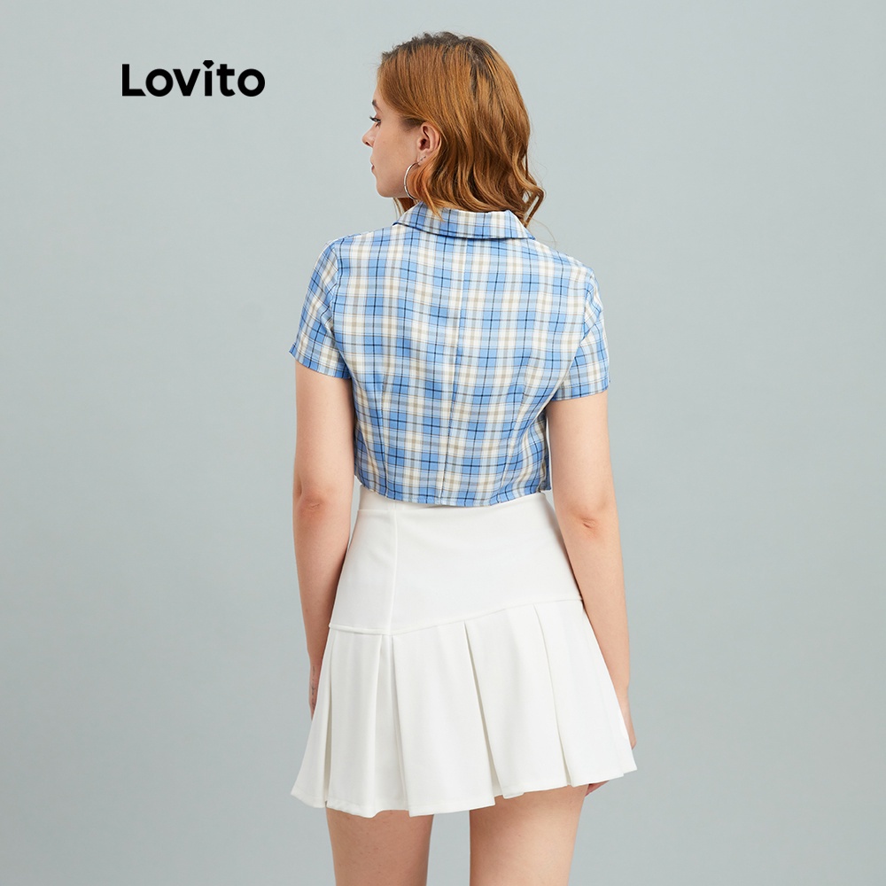 Áo kiểu Lovito kẻ sọc họa tiết tartan đính nút thời trang Preppy L10933 (màu xanh dương) | WebRaoVat - webraovat.net.vn