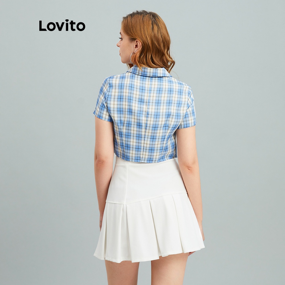 Áo kiểu Lovito kẻ sọc họa tiết tartan đính nút thời trang Preppy L10933 (màu xanh dương) | BigBuy360 - bigbuy360.vn