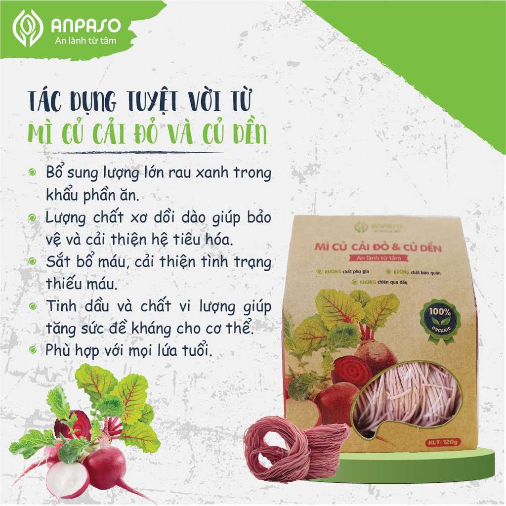 Mì Rau Eat Clean Củ Cải Đỏ và Củ Dền Hữu Cơ Organic Anpaso, Giảm Cân , ăn chay, không chiên nóng, tốt cho tiêu hóa 120g | BigBuy360 - bigbuy360.vn