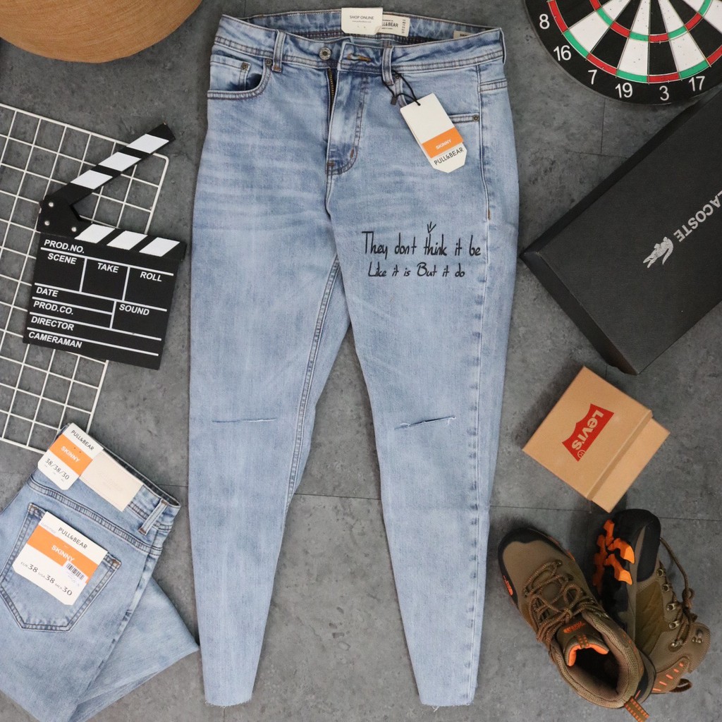 Quần bò Slimfit Blue - Xanh cho nam kết hợp rách gối | BigBuy360 - bigbuy360.vn
