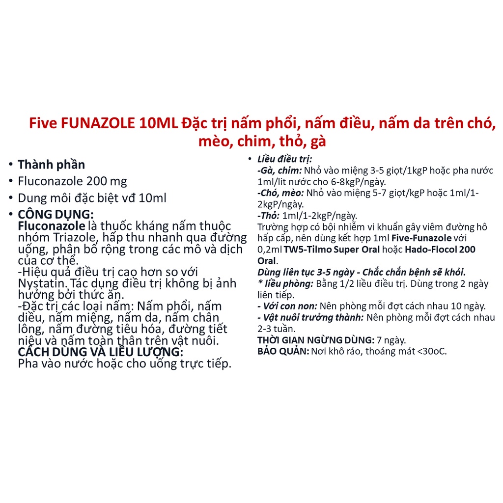 Five FUNAZOLE 10ML nấm phổi, nấm diều, nấm chân lông, nấm da trên chó, mèo, chim, gà, thỏ