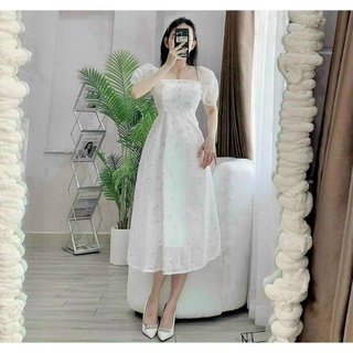 Váy hoa nhí cổ vuông Vintage dáng dài,đầm dự tiệc cưới công chúa sang chảnh dễ thương QD DT039