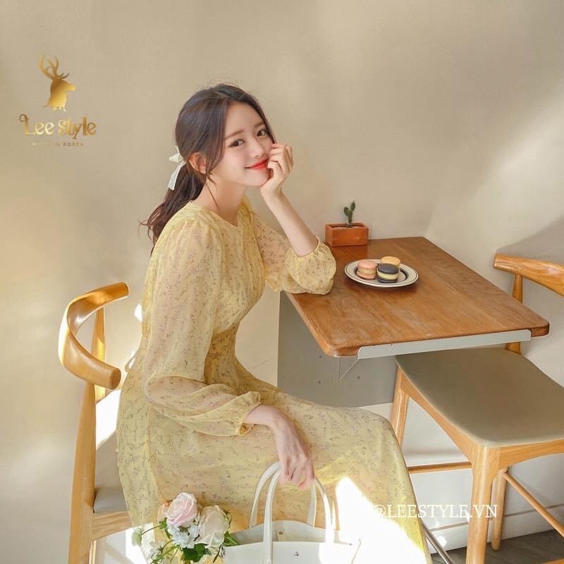 Đầm voan vàng dáng dài 2 lớp thắt dây eo