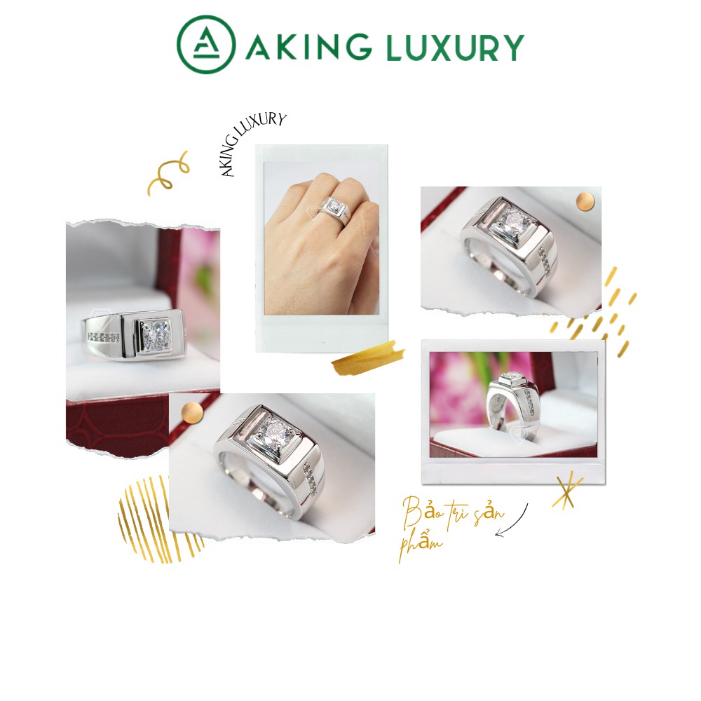 Nhẫn bạc nam  AKING LUXURY AK29 cao cấp, Nhẫn  nam đính đá đơn giản với viên đá chủ to mạnh mẽ (có 3 màu lựa chọn)