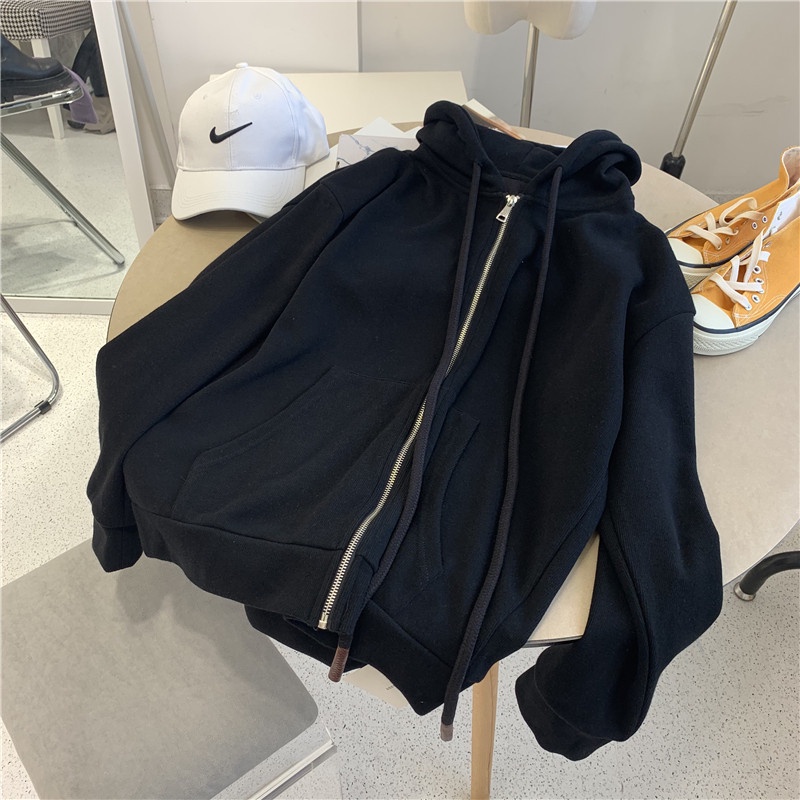 DUNEA Áo hoodie dài tay dáng rộng phối khóa kéo cá tính dành cho nữ