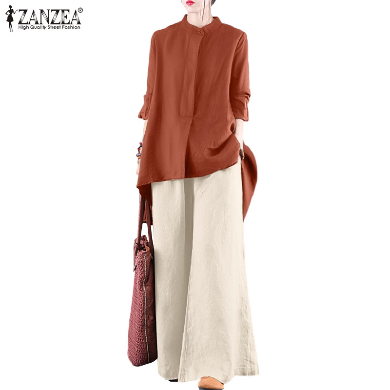 Set Áo ZANZEA dài tay màu trơn và Quần dài lưng thấp co giãn vintage cho nữ