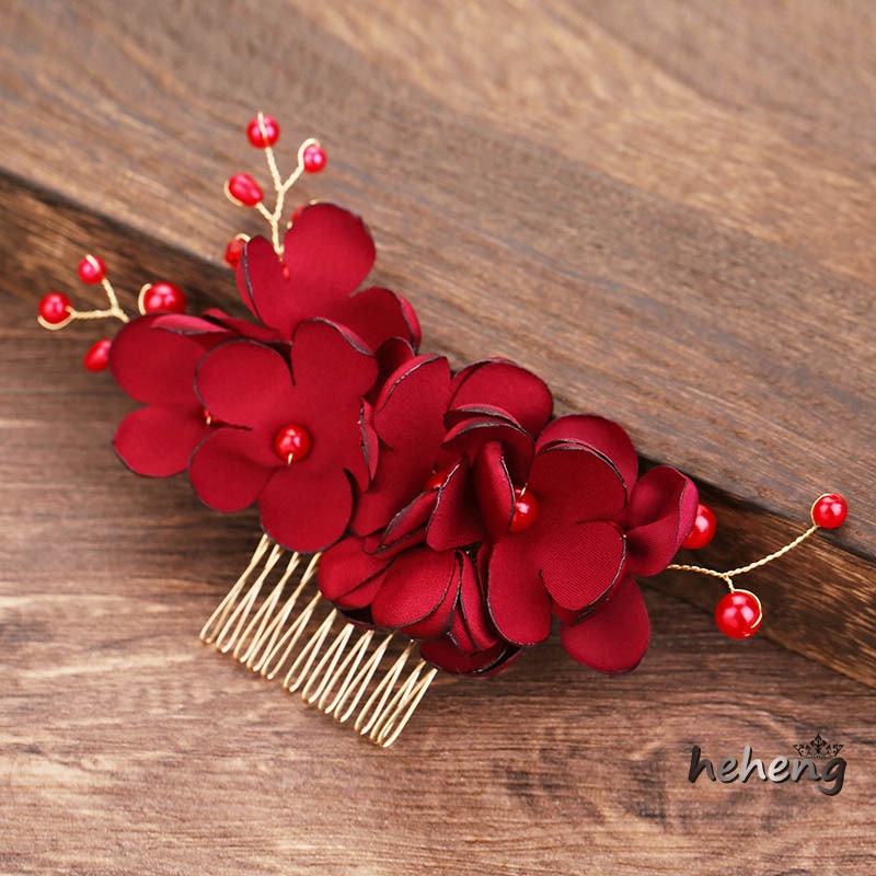 Lược Cài Tóc Cô Dâu Đính Hoa Đỏ Sang Trọng