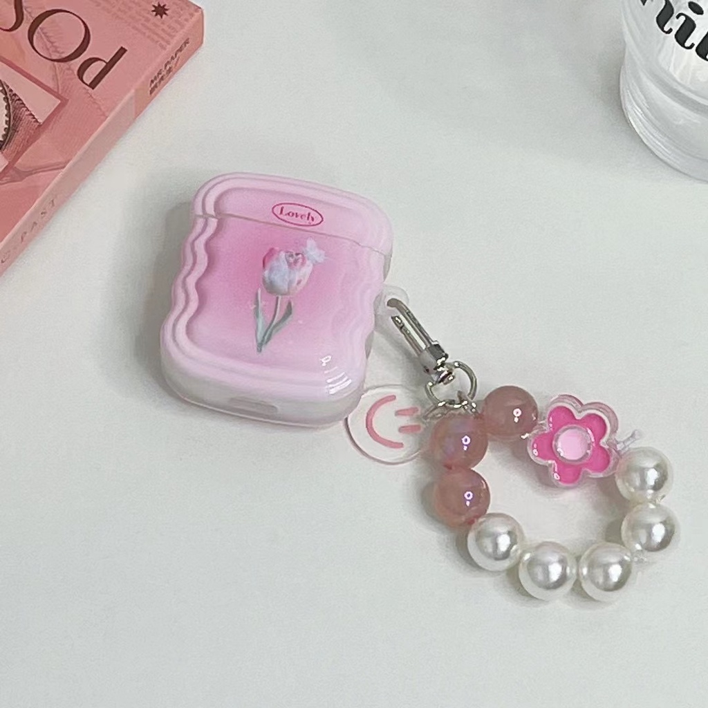Vỏ Bảo Vệ Hộp Sạc Tai Nghe Bluetooth airpods 1 2 pro Bằng tpu Mềm Hình Hoa tulip Hồng Gắn Vòng Đeo Tay Dễ Thương Mới